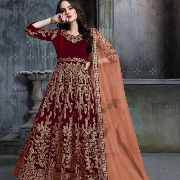 Designer Pakistani Wedding Wear Maroon Flared Anarkali Suit - Picture 3 of 3